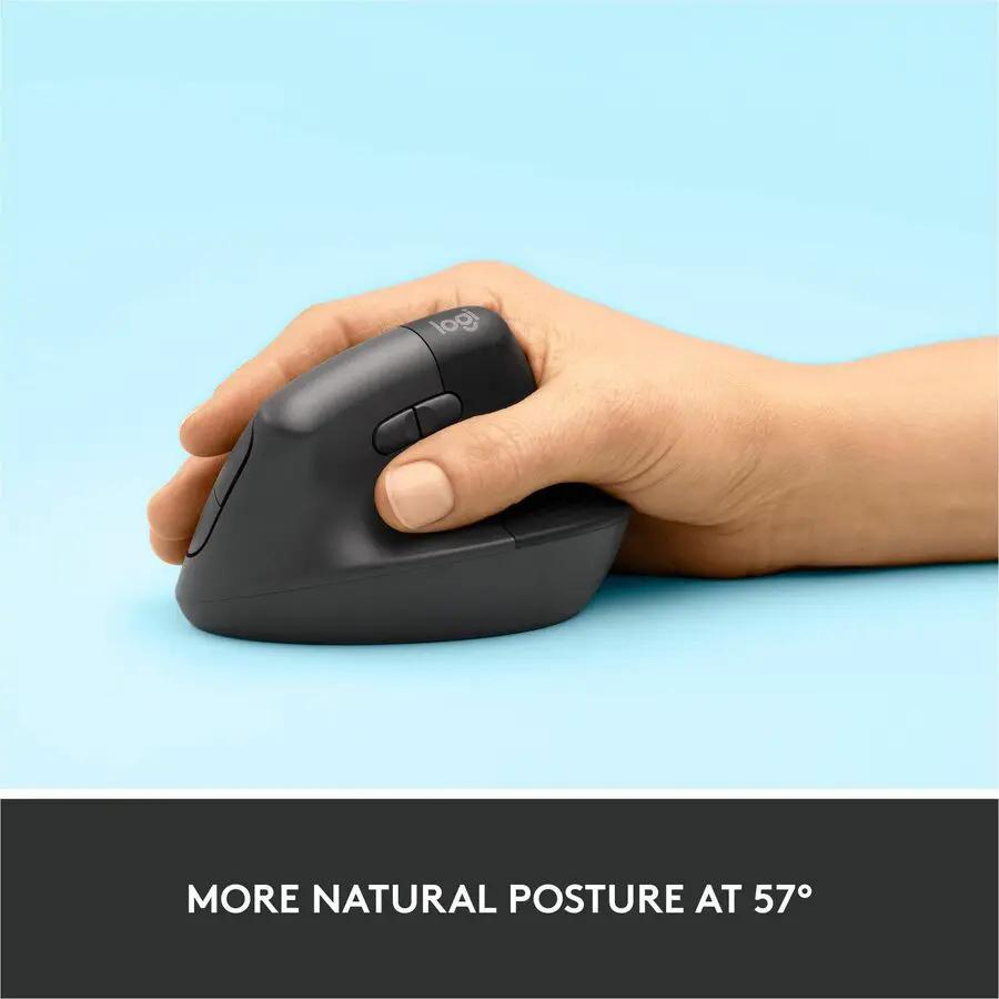 Logitech Lift Vertical Ergonomic Mouse, Wireless, Bluetooth or Logi Bolt USB receiver, Quiet clicks, 4 buttons, Graphite