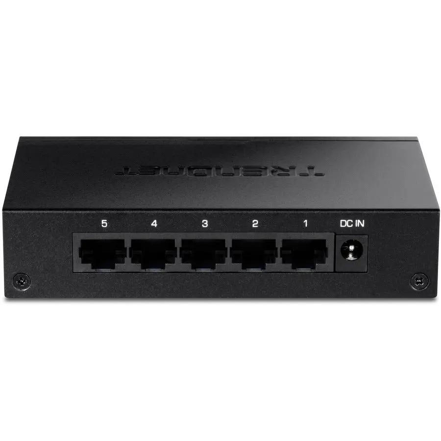 TRENDnet TEG-S51 5-Port Gigabit Unmanaged Switch rear view with 5 RJ-45 ports and DC IN, black metal enclosure