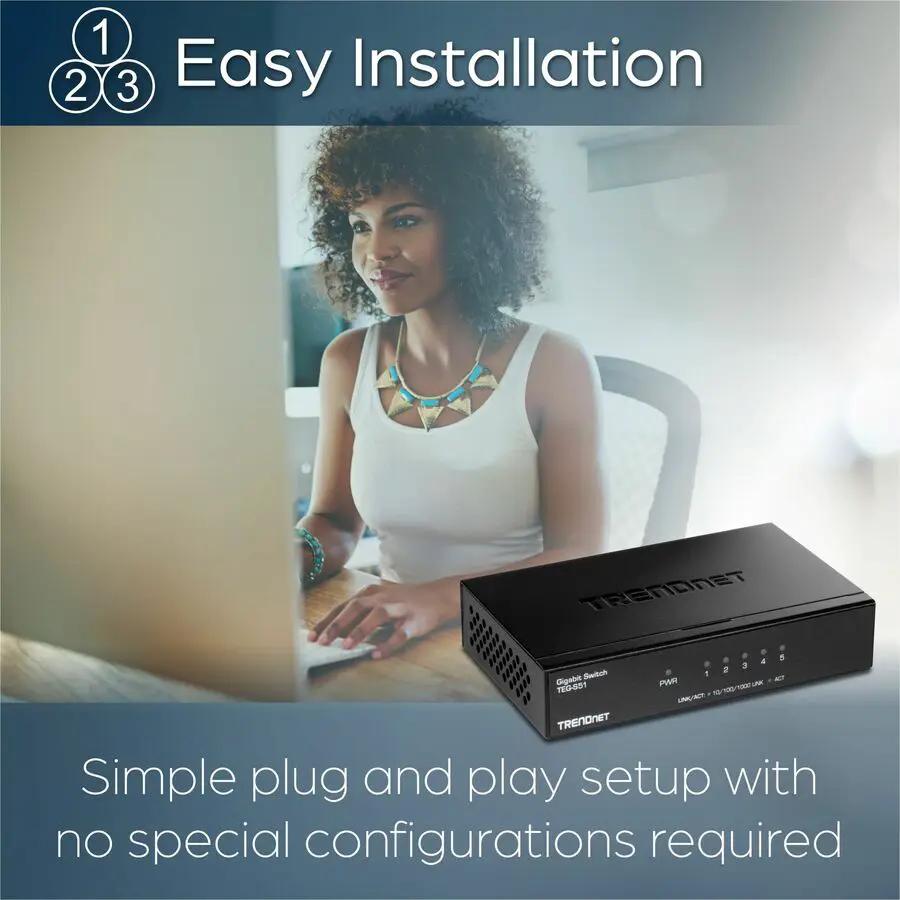 TRENDnet TEG-S51 5-Port Gigabit Unmanaged Switch, black metal desktop enclosure.