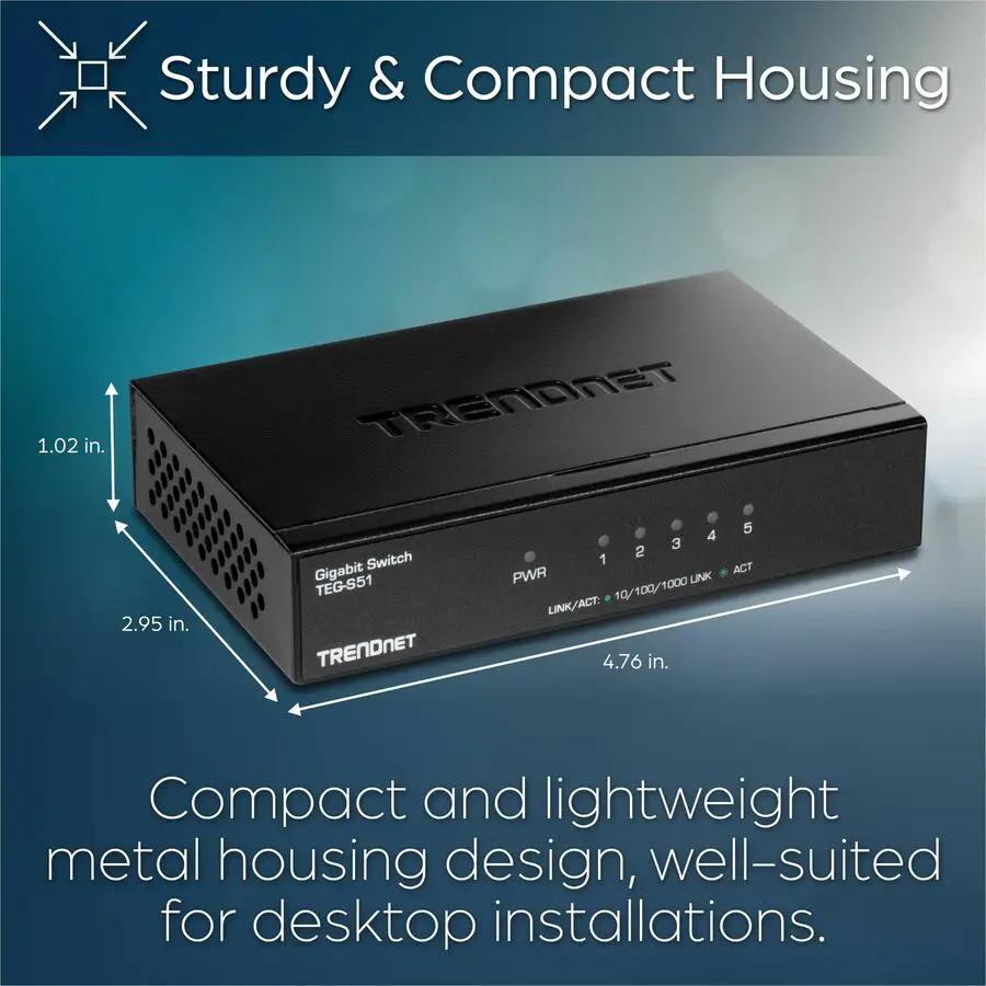 TRENDnet TEG-S51 5-Port Gigabit Unmanaged Switch, black metal desktop enclosure