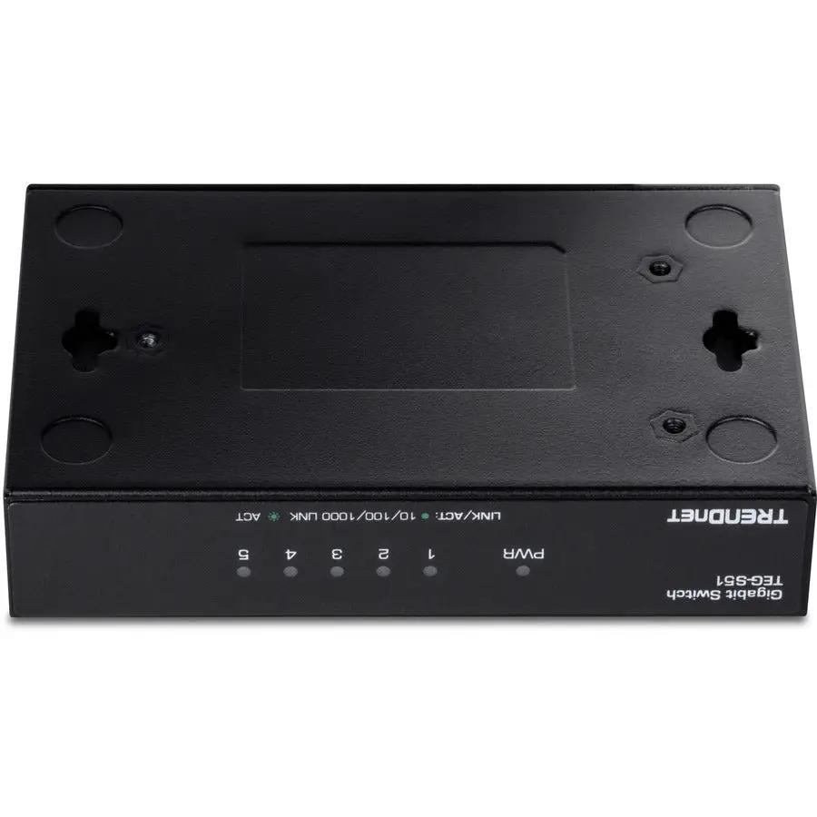 TRENDnet TEG-S51 5-Port Gigabit Unmanaged Switch, black plastic enclosure with front LEDs (PWR, LNK/ACT)