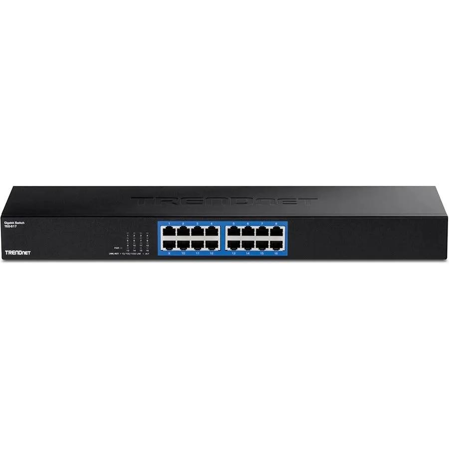 TRENDnet TEGS17 16-Port Gigabit Unmanaged Switch, black with blue port panel