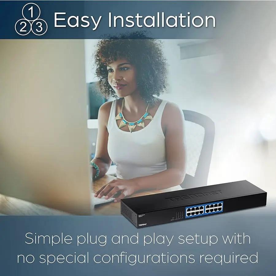 TRENDnet TEG-S17 16-Port Gigabit Unmanaged Switch on desk, black metal enclosure