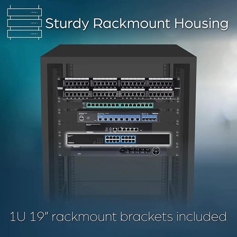 TRENDnet TEG-S17 16-port gigabit unmanaged switch in black with 1U rackmount brackets included