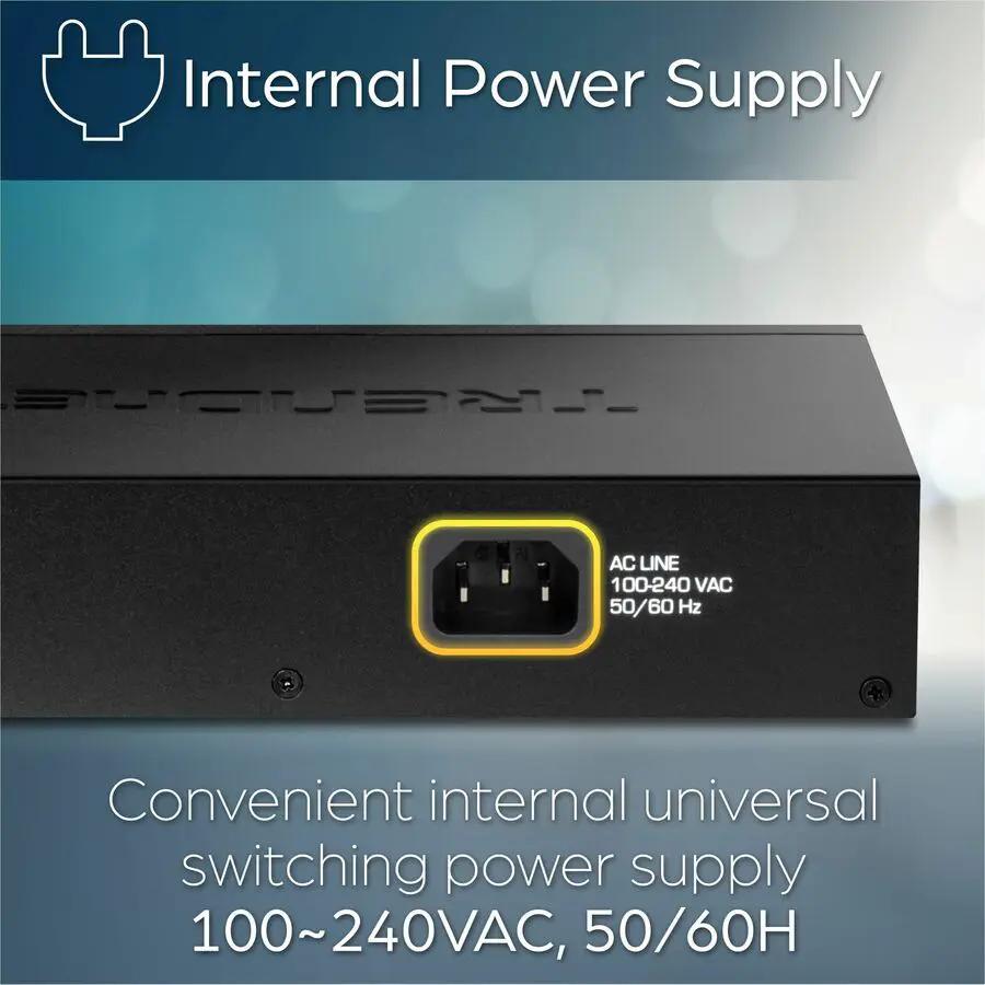 TRENDnet TEG-S17D 16-Port Gigabit Unmanaged Switch, black desktop switch with 100–240 VAC power input