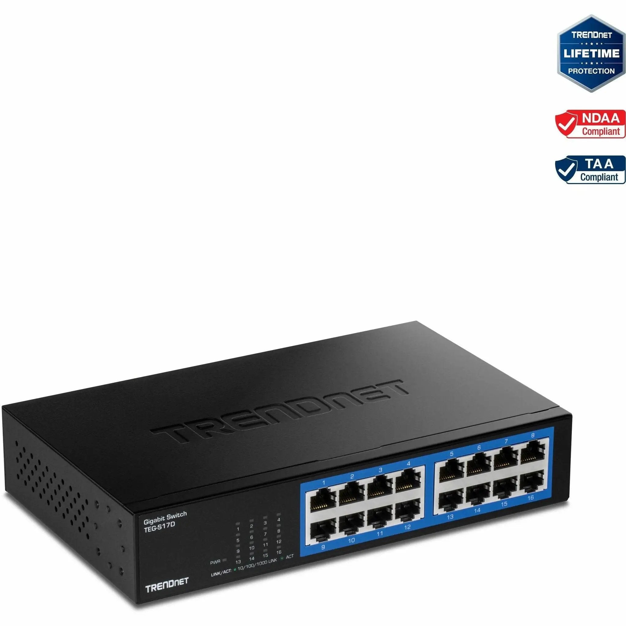 TRENDnet TEG-S17D 16-Port Gigabit Unmanaged Switch, black with blue port labels