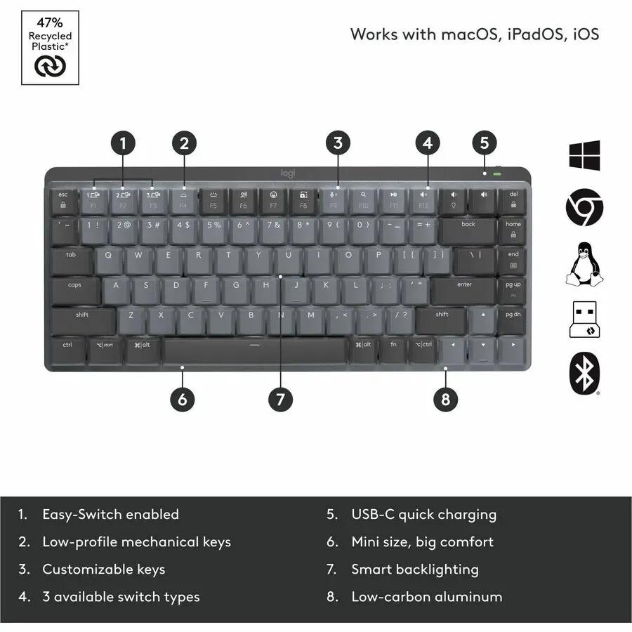 Logitech MX Mechanical Mini Wireless Illuminated Keyboard, Tactile Quiet Switches, Backlit, Bluetooth, USB-C