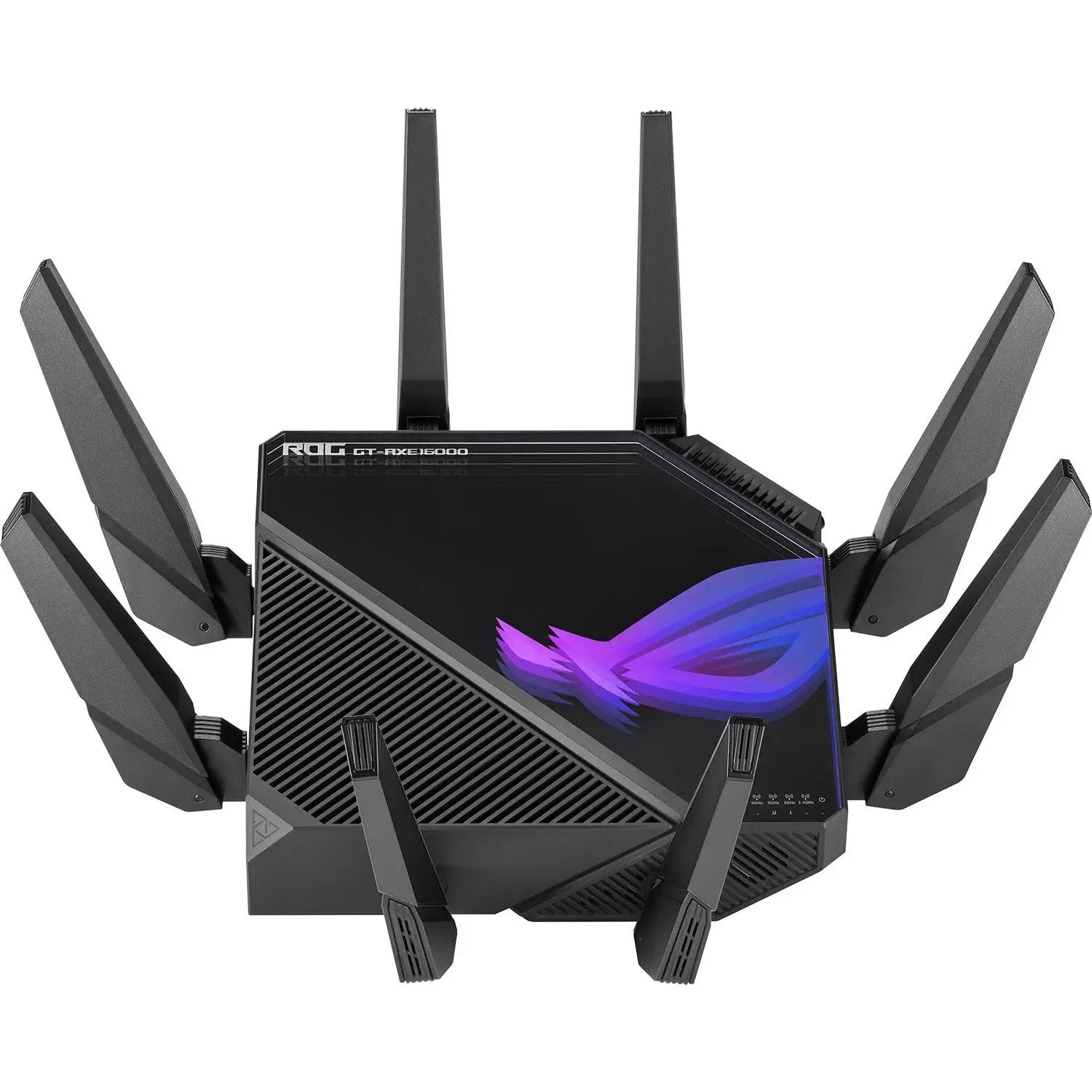 ASUS ROG GT-AXE16000 wireless router with eight antennas and a glossy black top featuring purple ROG logo
