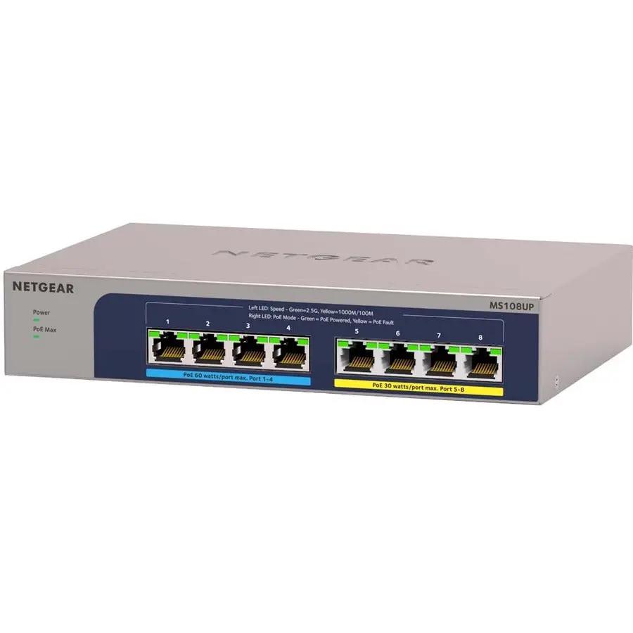NETGEAR 8-port PoE switch with blue front panel and gray metal chassis