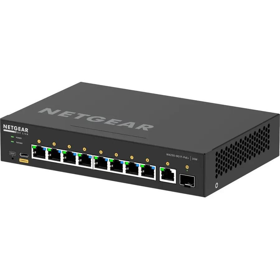 NETGEAR AVLine M4250 9-Port PoE+ Managed Switch, black steel chassis with 9 PoE+ RJ-45 ports