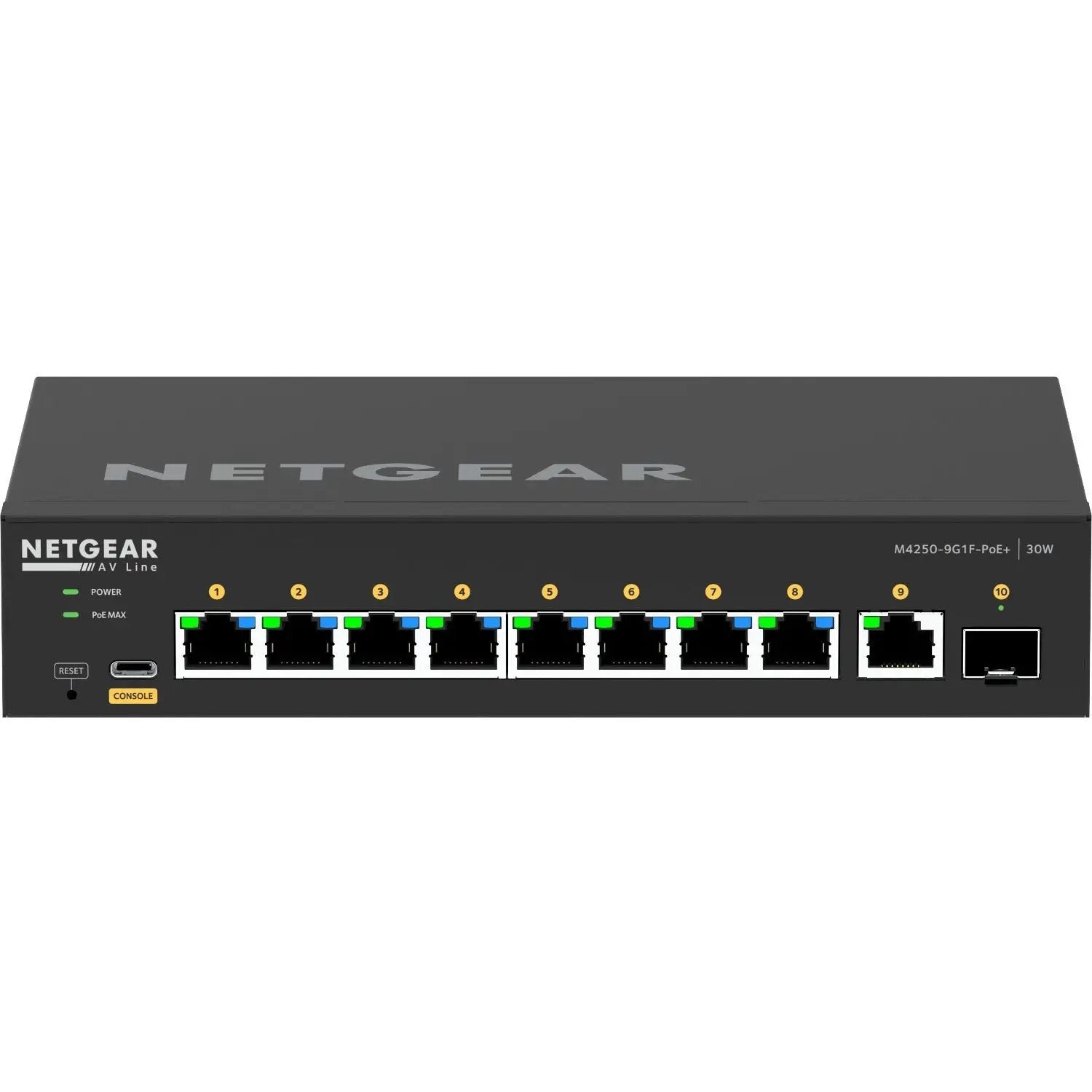 NETGEAR AVLine M4250 9-Port PoE+ Managed Switch, black with 9 PoE+ Ethernet ports.
