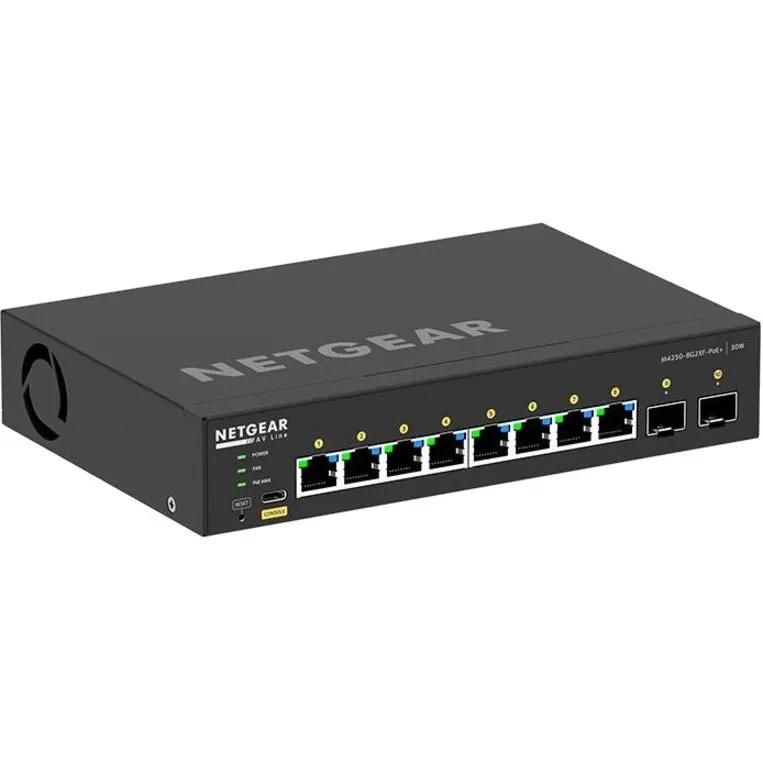NETGEAR AVLine M4250 8-Port Gigabit PoE+ SFP+ Switch in black, front view.