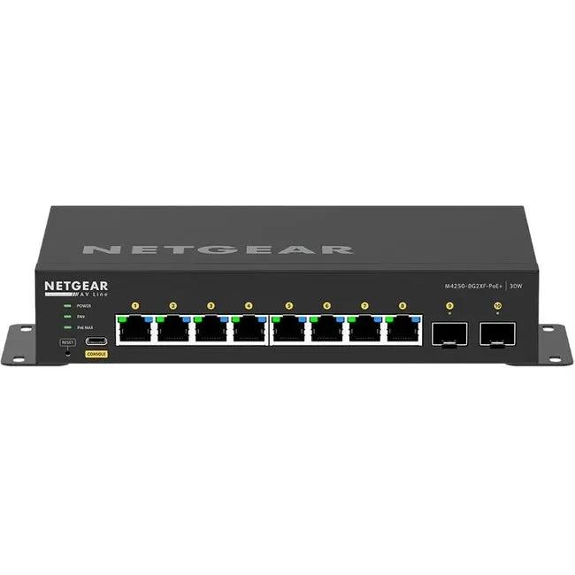 NETGEAR AVLine M4250 8-Port Gigabit PoE+ SFP+ switch, rack-mountable black metal chassis