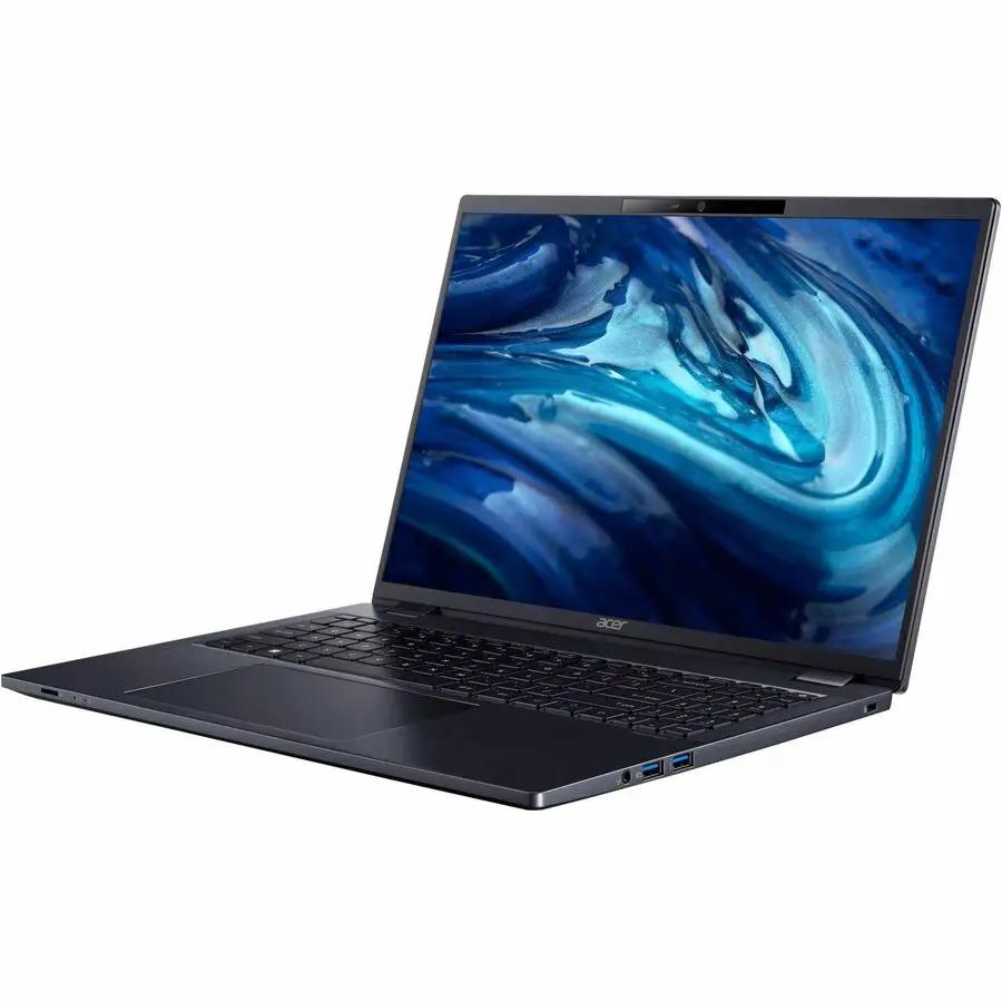 Acer TravelMate P4 laptop, slate blue, open with keyboard visible
