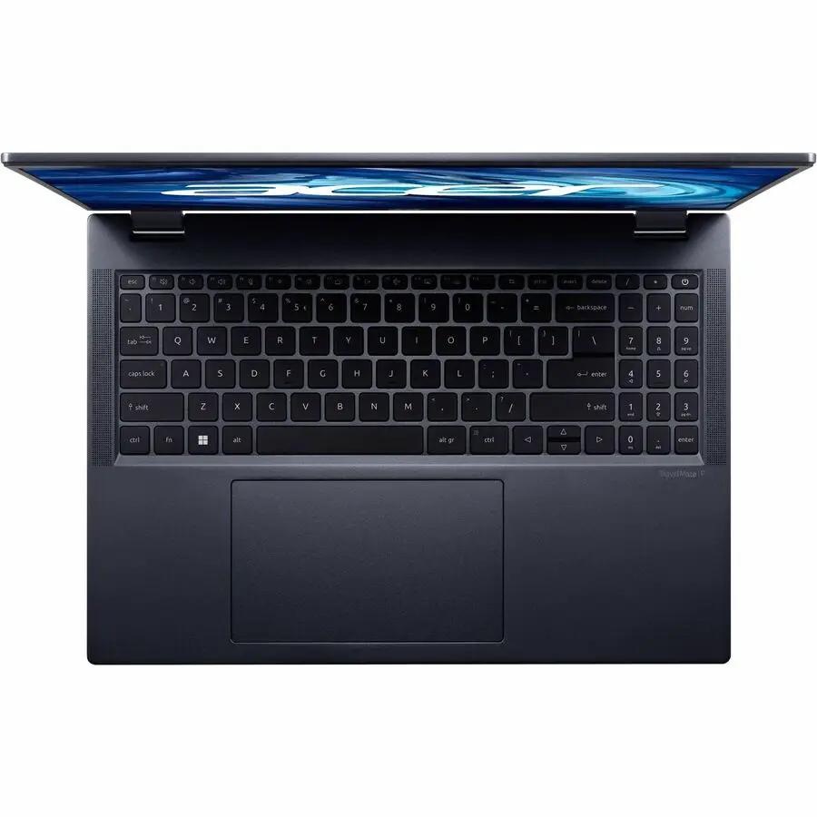 Acer TravelMate P4 notebook, top-down view, slate blue with black keyboard.