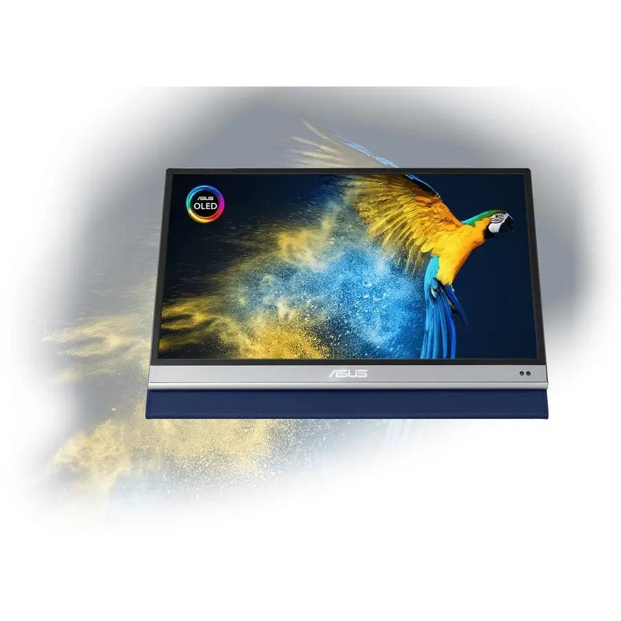 ASUS ZenScreen MQ16AH 16-inch OLED monitor with blue stand, 16:9 aspect ratio.