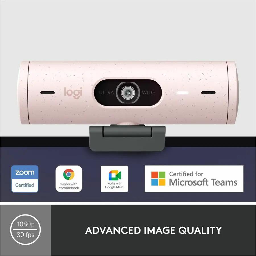 Logitech Brio 500 webcam, rose color, mounted on monitor.