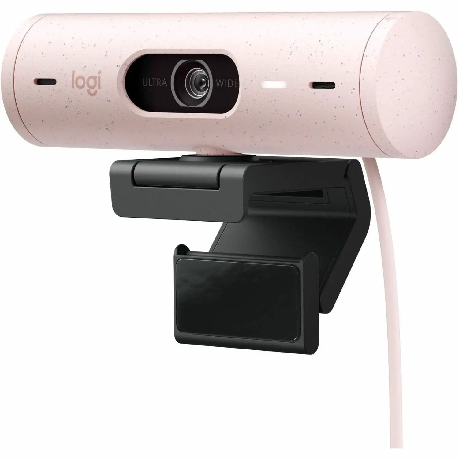 Logitech Brio 500 webcam, rose color, mounted on adjustable stand