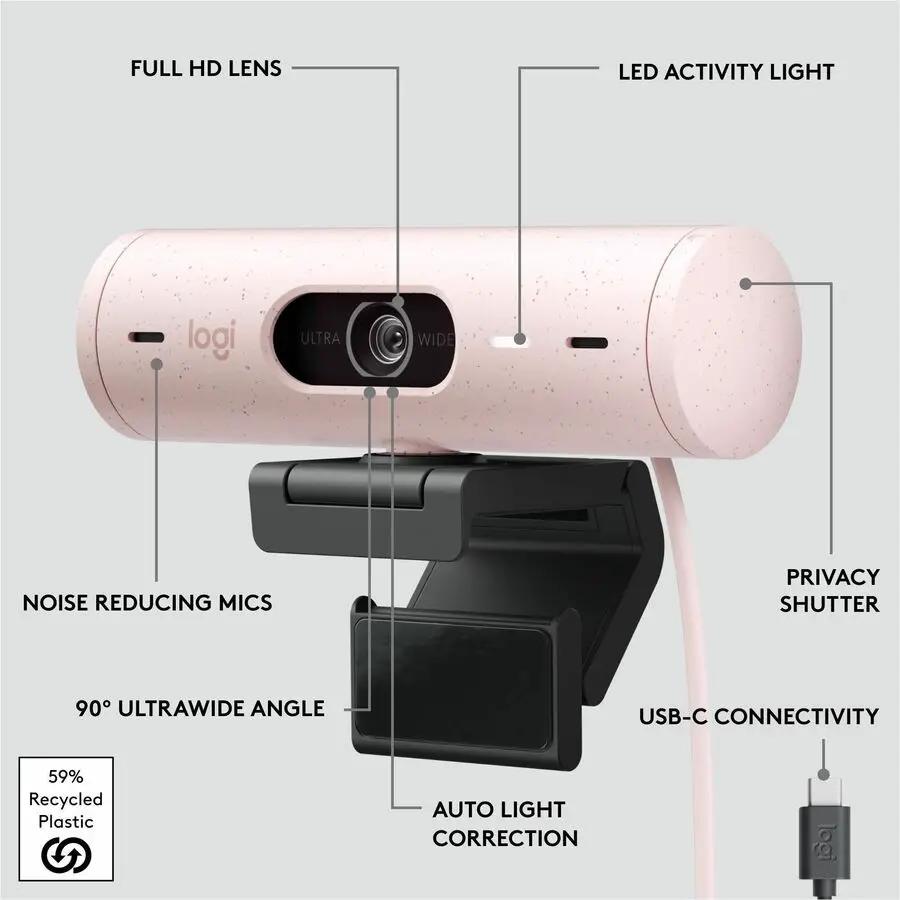 Logitech Brio 500 Full HD webcam, rose color, privacy shutter, auto framing, noise-reducing mics