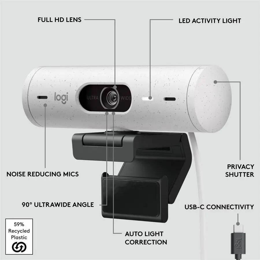 Logitech Brio 500 webcam, off-white speckled finish, privacy shutter, USB-C