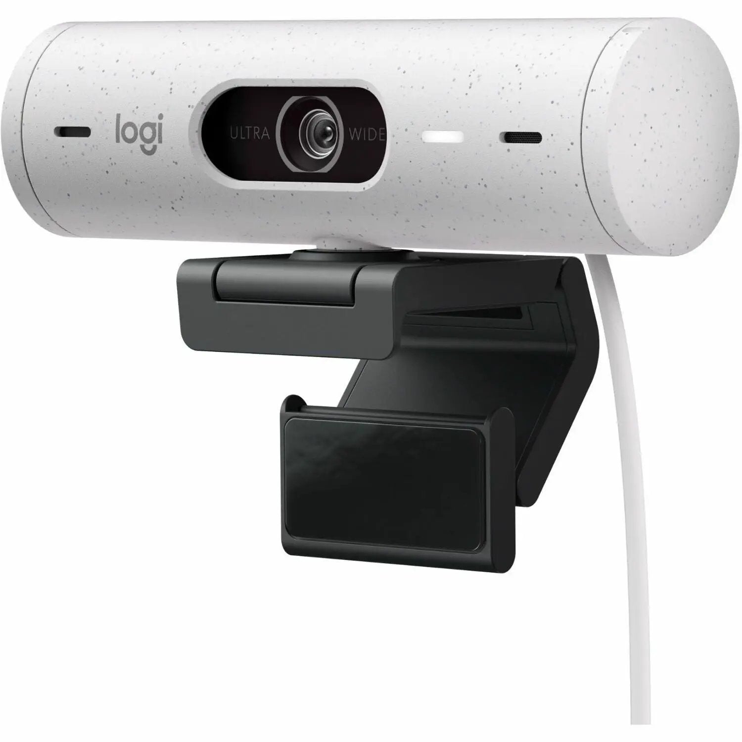 Logitech Brio 500 webcam, off-white, mounted on a black adjustable mount.
