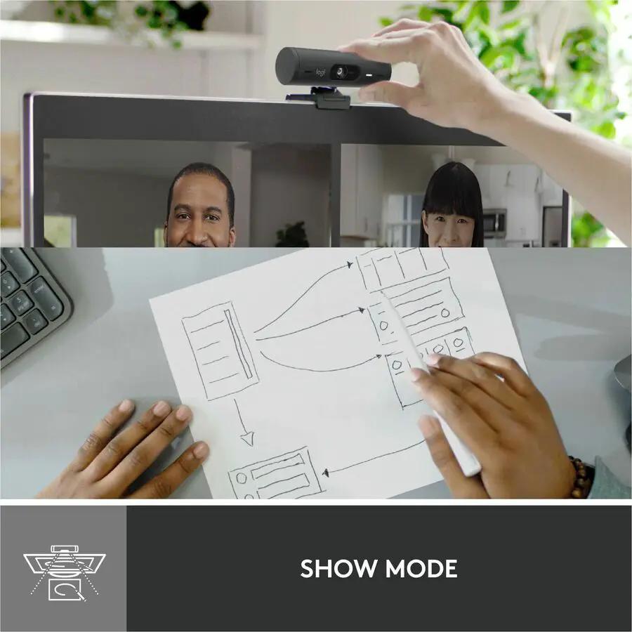Logitech Brio 500 webcam graphite mounted on monitor during video call.
