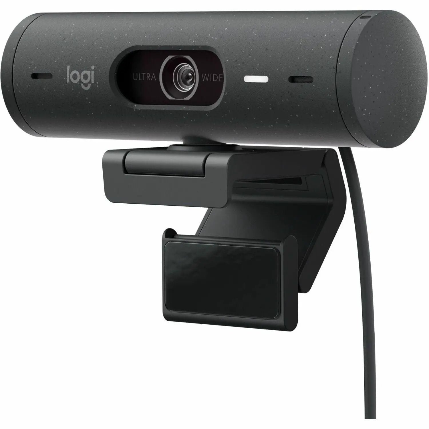 Logitech Brio 500 webcam, graphite color, mounted on an adjustable stand.