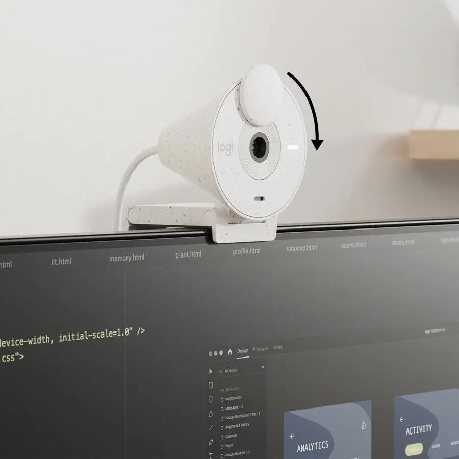 Logitech BRIO webcam, off-white, USB-C, mounted on monitor