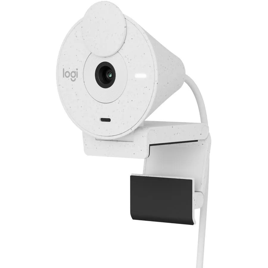 Logitech BRIO webcam, off-white speckled finish, mounted on adjustable stand with USB-C cable