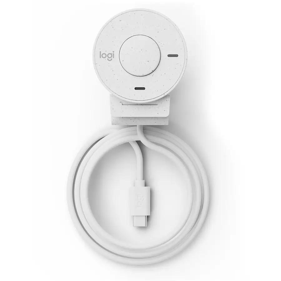 Logitech BRIO webcam, off-white, with USB-C cable attached