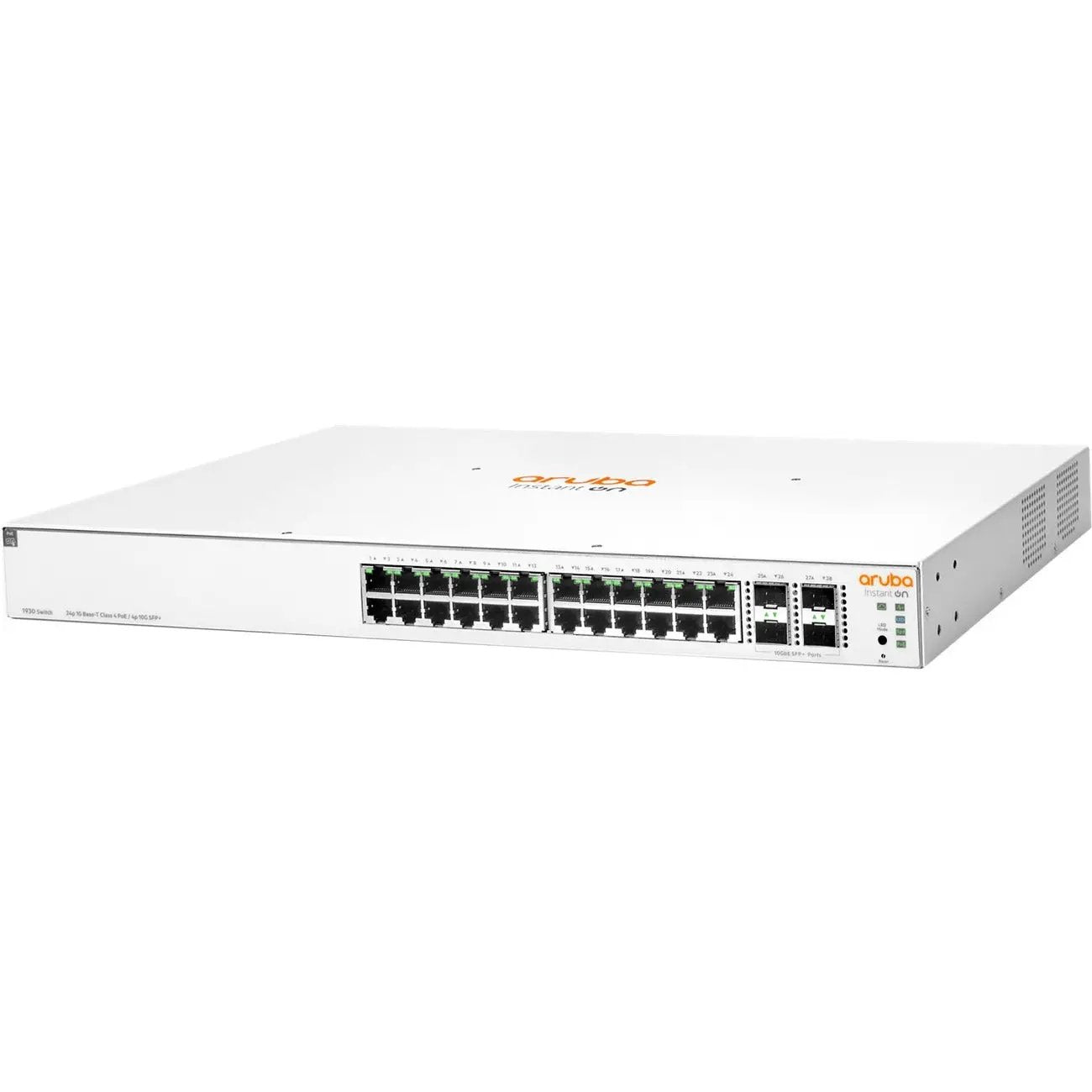 HPE 1930 24-port Gigabit PoE managed switch with 4 SFP+ uplinks, white rack-mount