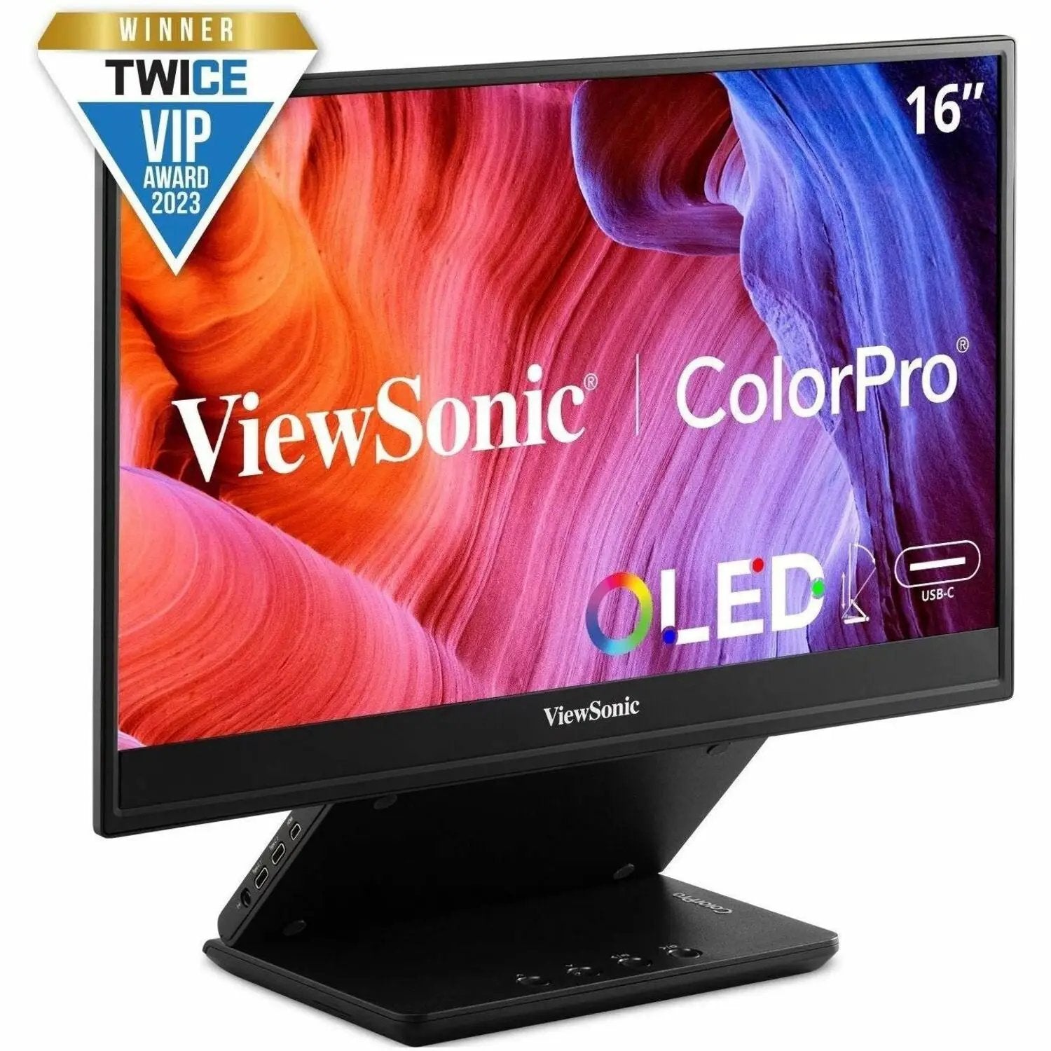ViewSonic ColorPro VP16 15.6-inch OLED monitor on a black stand