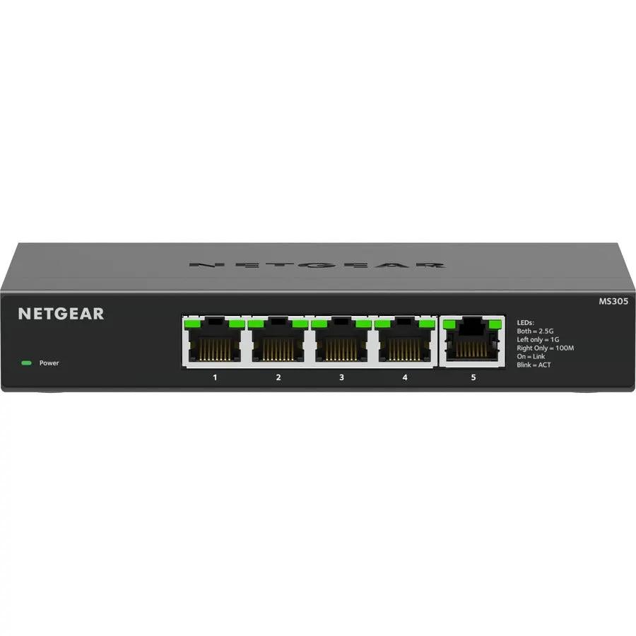 NETGEAR ProSafe MS305 5-Port Multi-Gig Unmanaged Switch, black front with five RJ-45 ports and green LEDs
