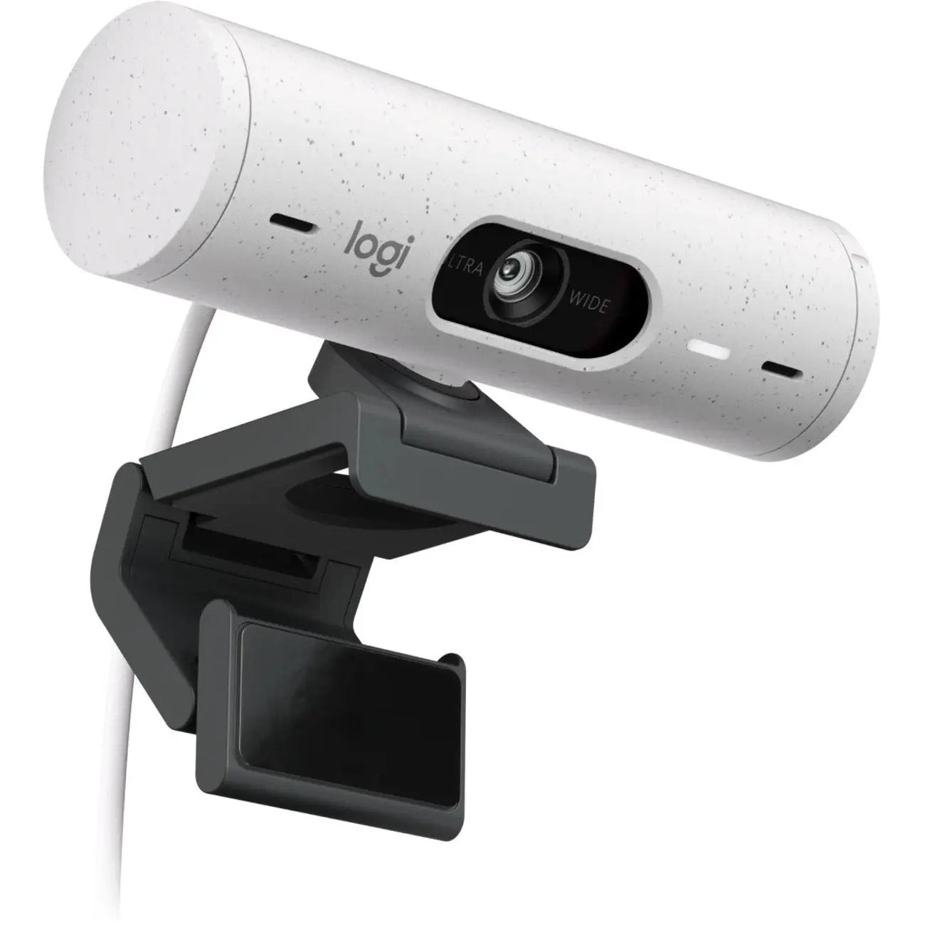 Logitech BRIO 505 webcam, white speckled finish, mounted on adjustable clip stand, USB-C
