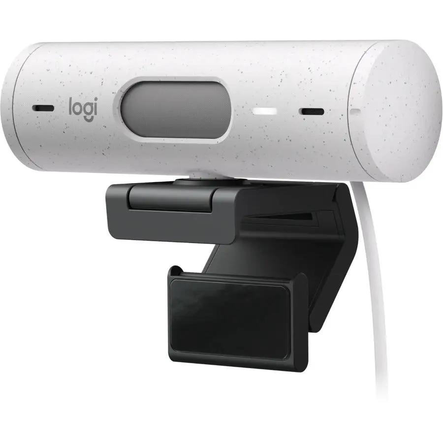 Logitech BRIO 505 webcam, off-white speckled finish, clip-mounted, USB-C