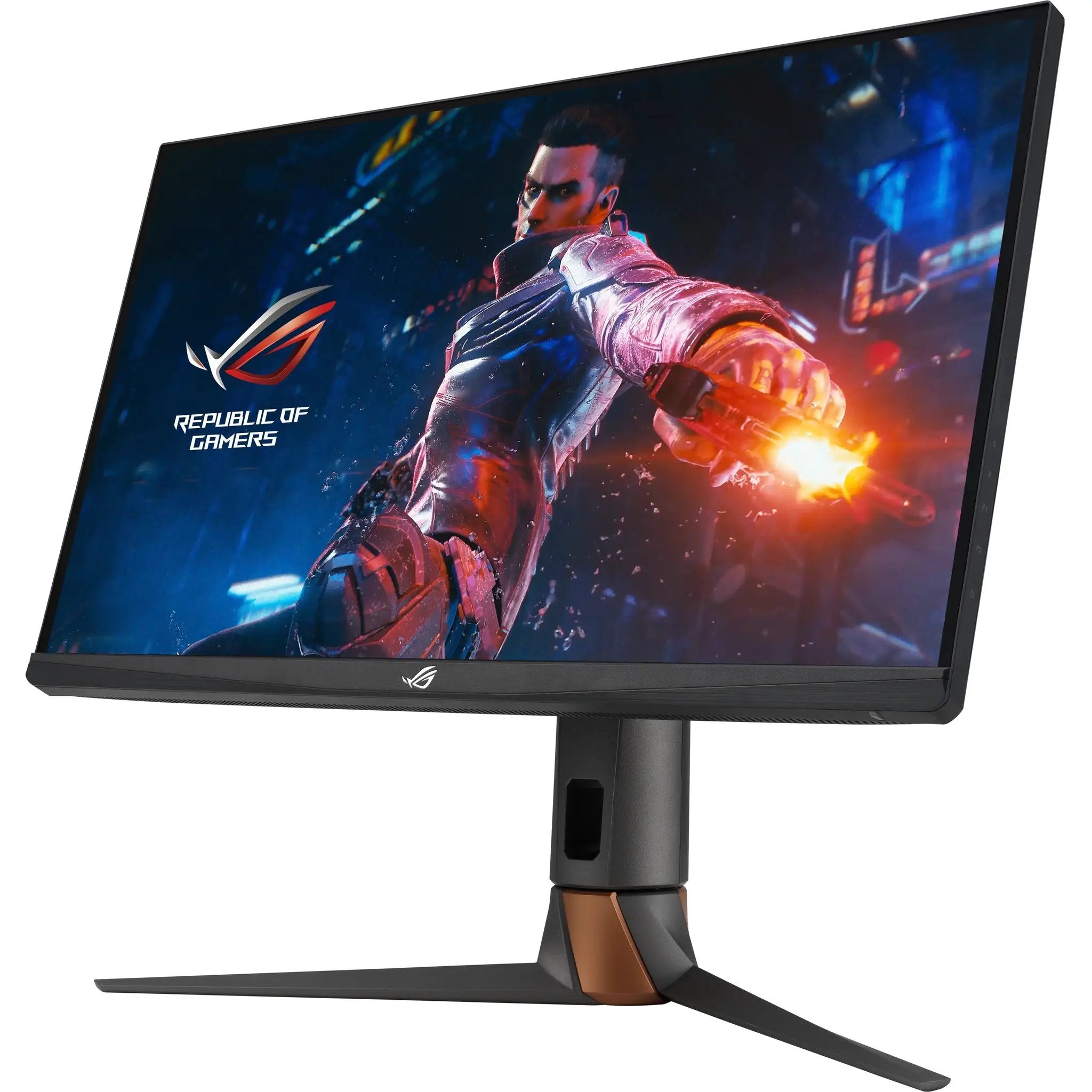 ASUS ROG Swift PG27AQN 27-inch WQHD IPS 360Hz gaming monitor on a black stand with copper accent