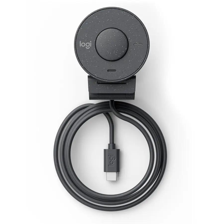 Brio 300 webcam, graphite, mounted on a small stand with USB-C cable