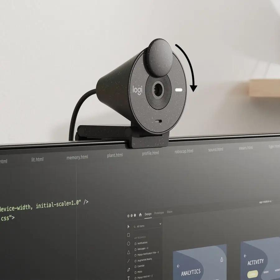 Brio 300 webcam by Logitech in graphite mounted on monitor