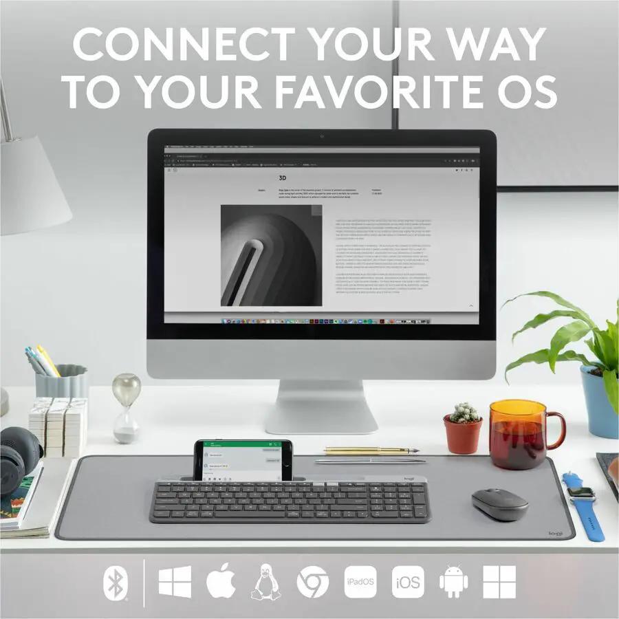 Logitech K585 Multi-Device Slim Wireless Keyboard, Built-in Cradle for device, Bluetooth/Receiver, Easy Switch, Graphite