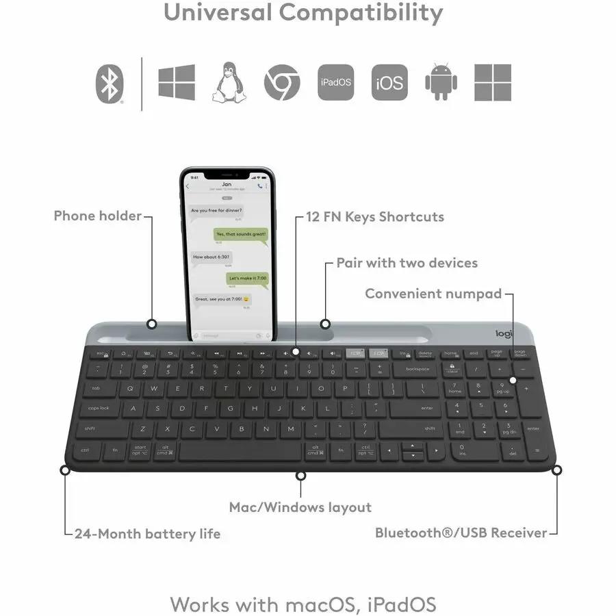 Logitech K585 Multi-Device Slim Wireless Keyboard, Built-in Cradle for device, Bluetooth/Receiver, Easy Switch, Graphite