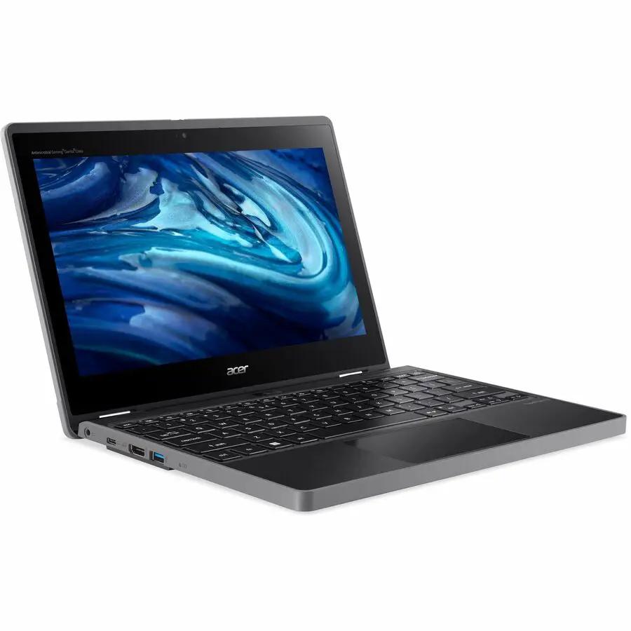 Acer TravelMate Spin B3 2-in-1 laptop, black/silver chassis, 11.6-inch touchscreen.