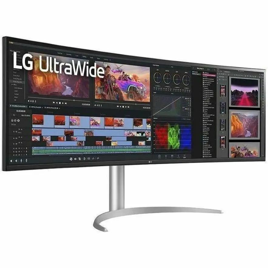 LG 49BQ95C-W 49-inch UltraWide DQHD Nano IPS HDR400 USB-C monitor on a silver curved stand