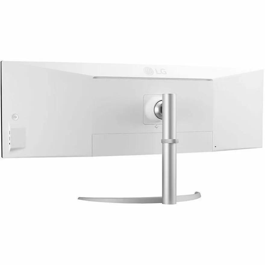 LG 49BQ95C-W 49-inch monitor back view in white with a silver curved stand