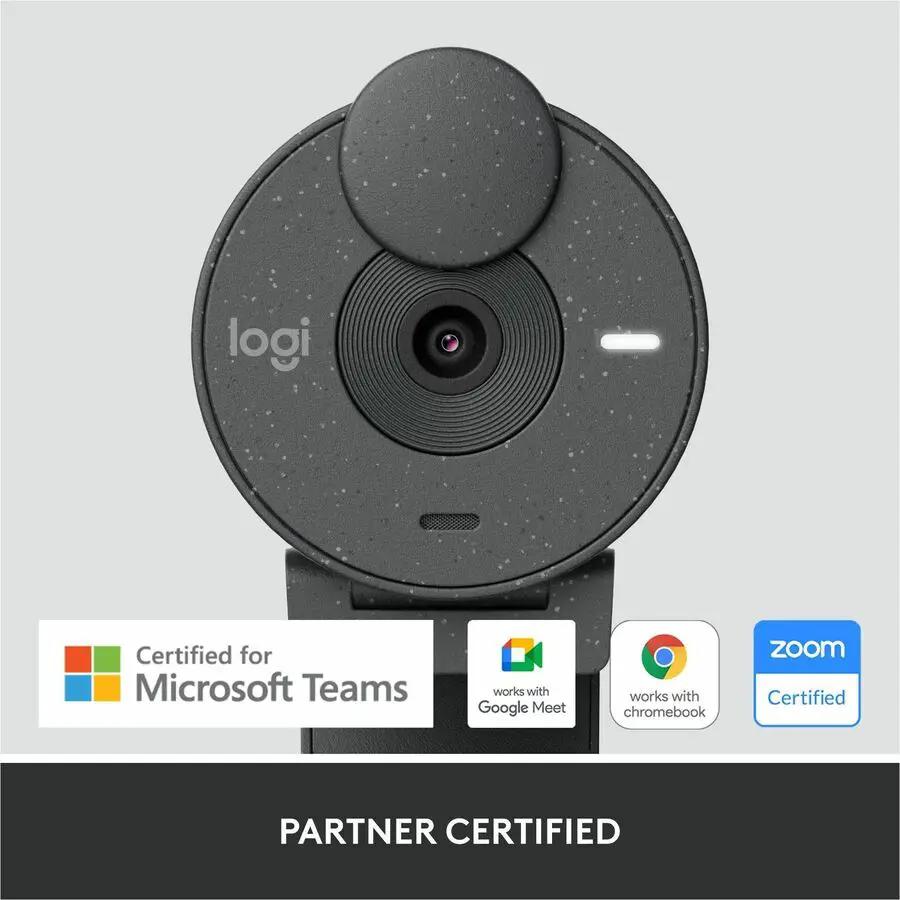 Logitech Brio 305 webcam, round speckled grey body with privacy shutter on a stand