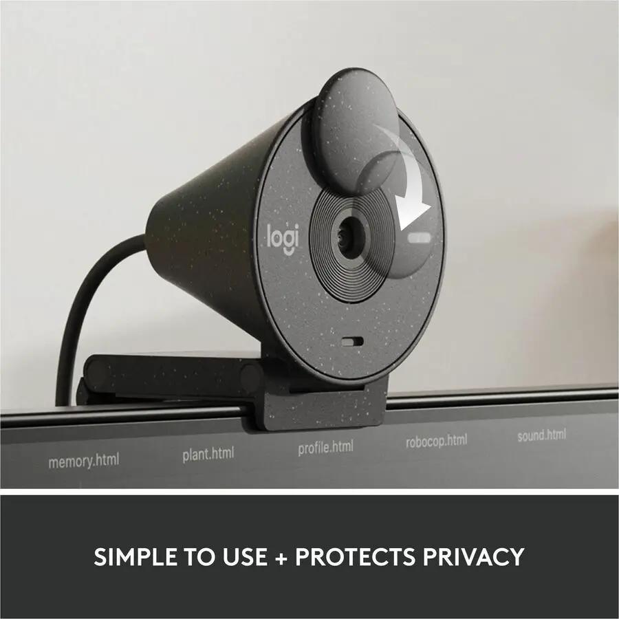 Logitech Brio 305 webcam on monitor, black plastic with privacy shutter