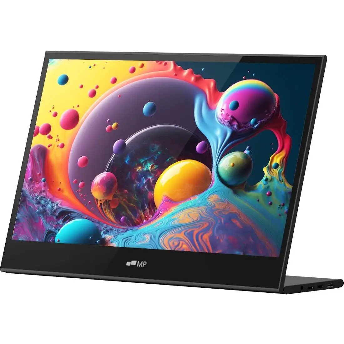 Mobile Pixels Glance Glance 16-inch Full HD LCD Monitor with black frame on a built-in kickstand and MP logo