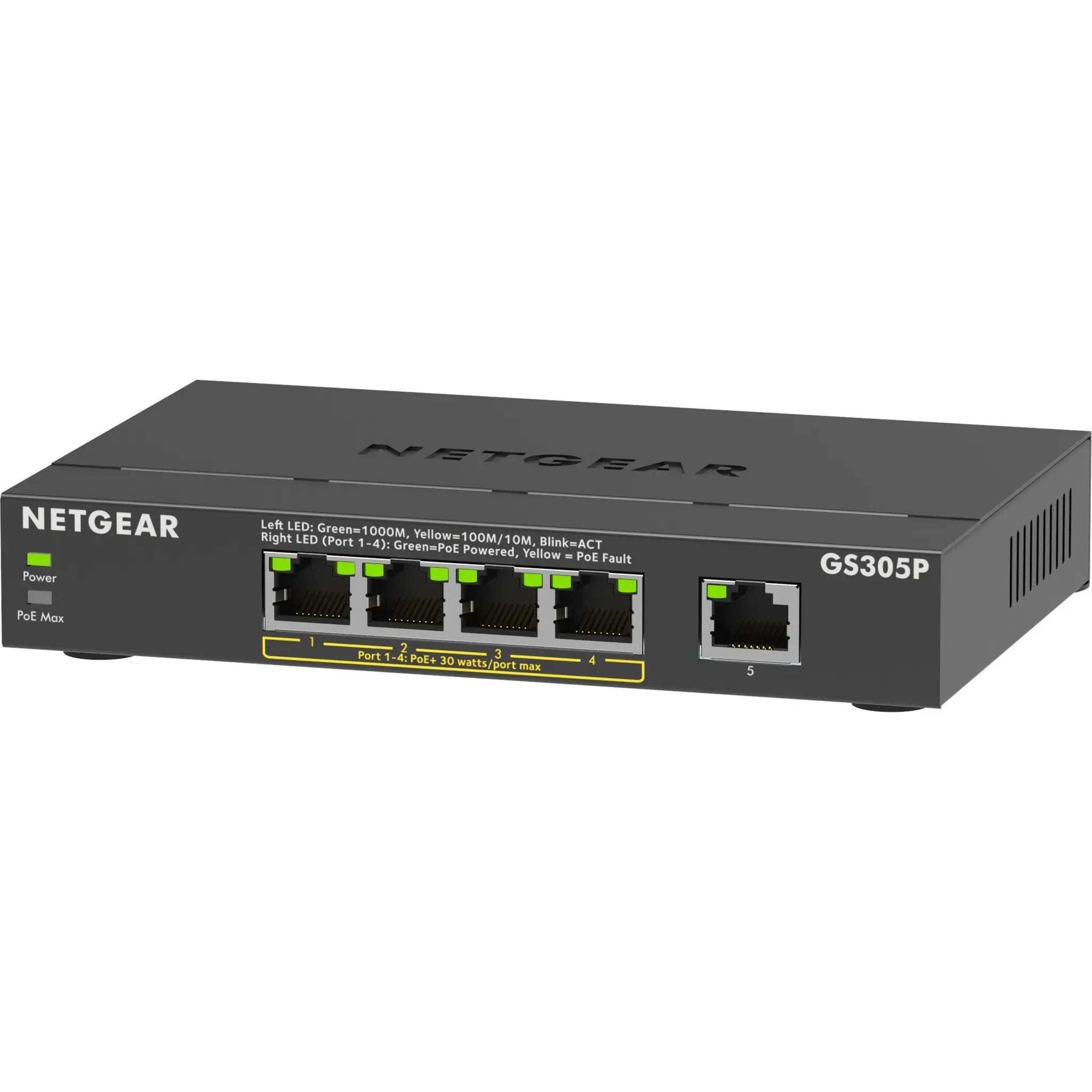Netgear ProSAFE GS305P 5-Port Gigabit PoE unmanaged switch, gray with green LEDs