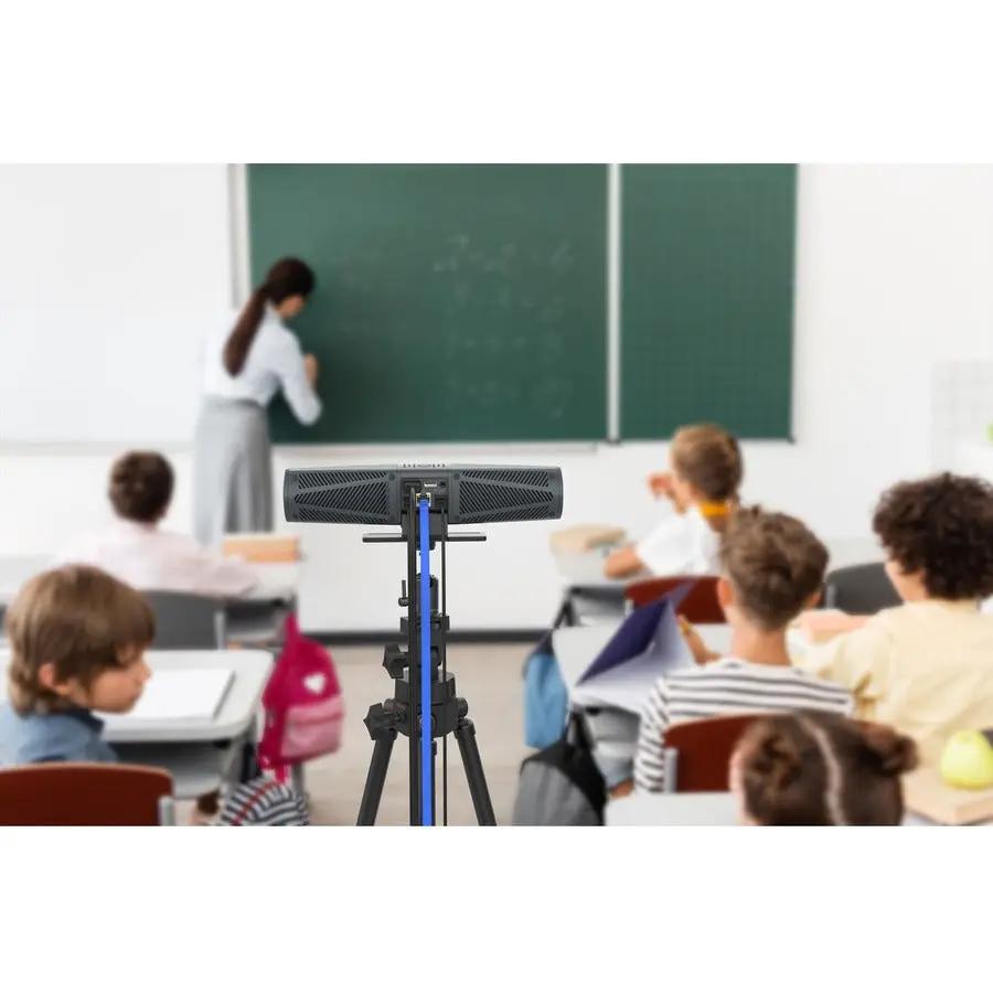 AVerMedia Mingle Bar webcam on a blue tripod in a classroom.