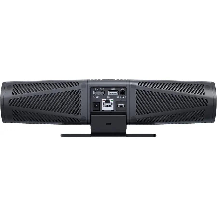 AVerMedia Mingle Bar webcam, black, back view with USB-C/HDMI/LAN ports on a mounted stand