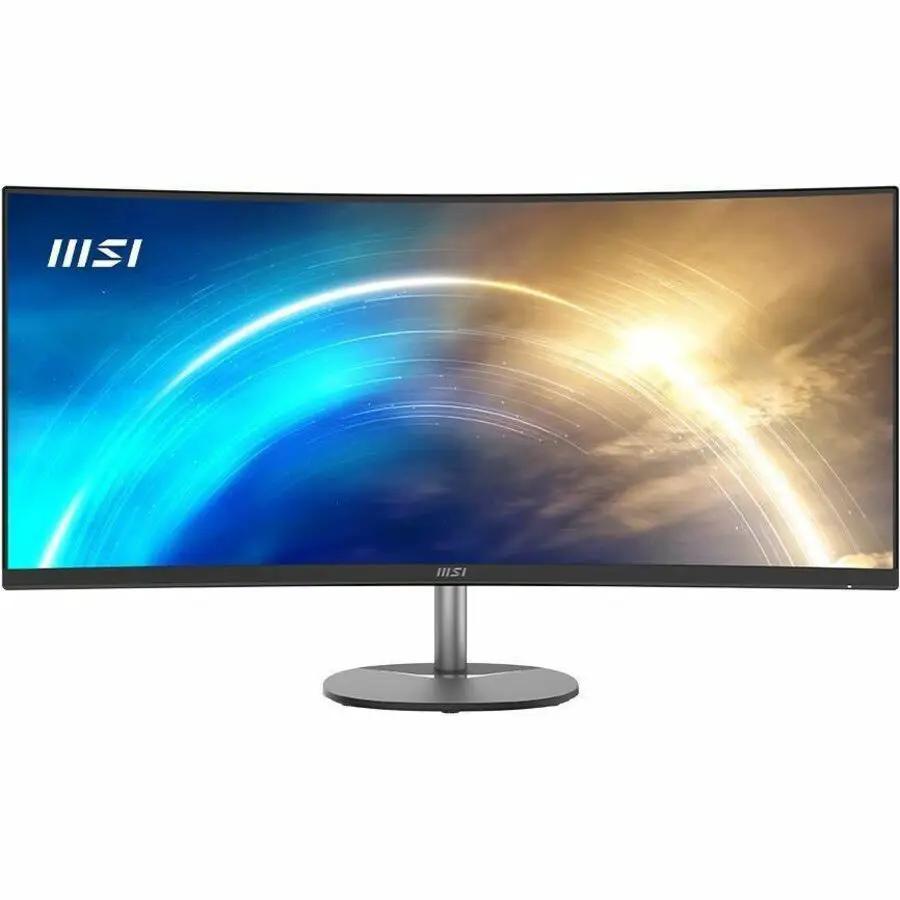 MSI Pro MP341CQ 34-inch UW-QHD curved monitor with silver stand and MSI logo.